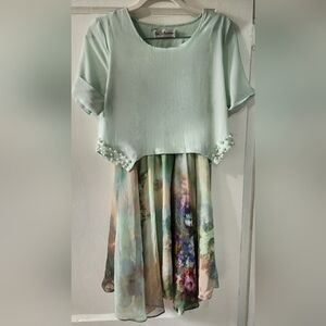 GaoJi Fashion Green High Low Sundress with Cuffed Sleeves